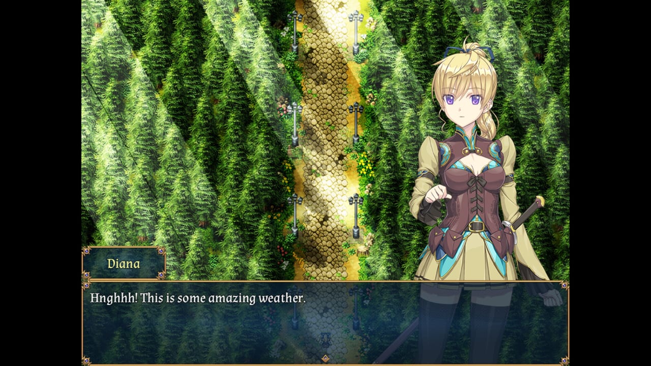 Diana Ashley on a sunlit forest road in Imperial Knights, standing in her adventurer coat beside a cobblestone path.