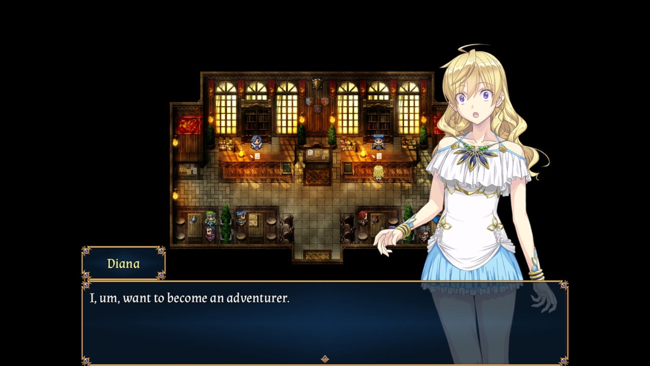 Imperial Knights guild hall with a top-down map, NPC sprites, and Diana's dialogue box as she asks to become an adventurer.